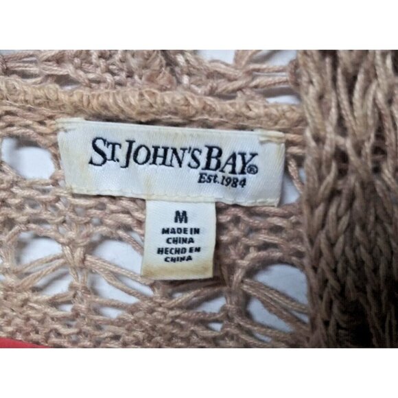 womens Cardigan Sweater Sz M Crocheted Taupe Tan Open Knit belted short sleeve - Picture 8 of 11